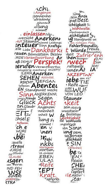 Verschiedene Wörter bilden zwei Wortwolken in Form eines Frauen- sowie eines Männerumrisses