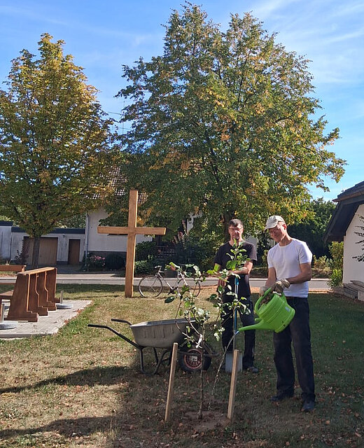 Zwei Männer gießen einen jungen Baum in einem Garten mit Holzkreuz und Bänken im Hintergrund