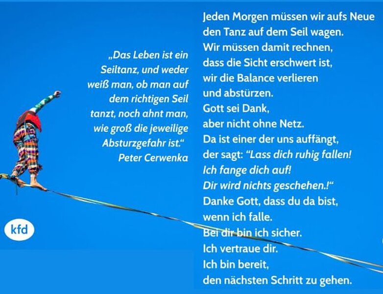 Eine Seiltänzerin und blauer Himmel mit einem Text. Eine Seiltänzerin und blauer Himmel mit einem Text.