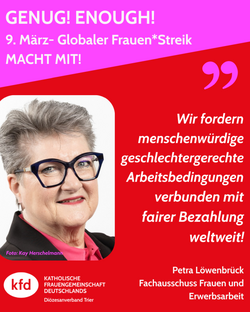 Petra Löwenbrück ruft zum Frauenstreik am 9. März auf.