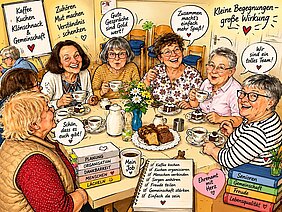 Sechs ältere Frauen sitzen an einem Tisch mit Kuchen, Kaffee und Blumenstrauß und unterhalten sich fröhlich