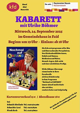 Veranstaltungsplakat zum Kabarett mit Ulrike Boehmer am 24.09.2029 um 19 Uhr Veranstastaltungsplakat zur Kabarett mit Ulrike Boehmer am 24.09.2029 um 19 Uhr