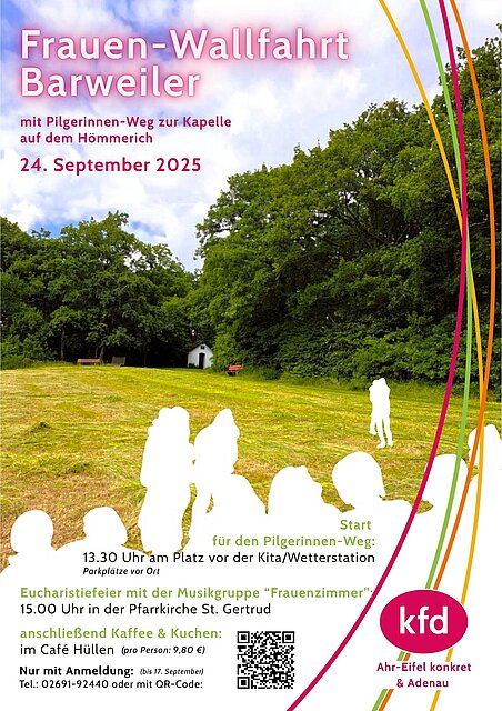 Plakat mit einer Wiese und der Silhouette einer Frauengruppe im Vordergrund. Es hat die Überschrift Frauen-Wallfahrt Barweiler