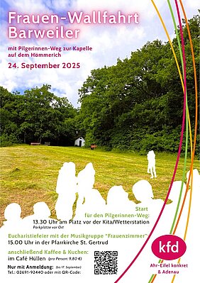 Plakat mit einer Wiese und der Silhouette einer Frauengruppe im Vordergrund. Es hat die Überschrift Frauen-Wallfahrt Barweiler